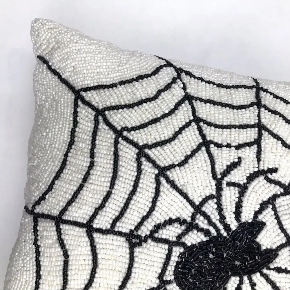 Noir Night Black Spiderweb White Beaded 16” Halloween Decor Accent Throw Pillow
